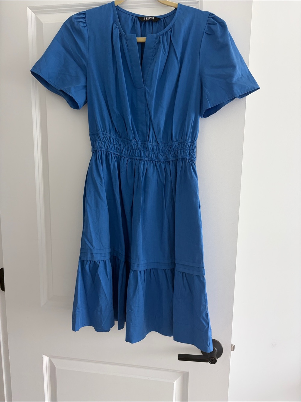 Blue Short-Sleeve Tiered Mini Dress